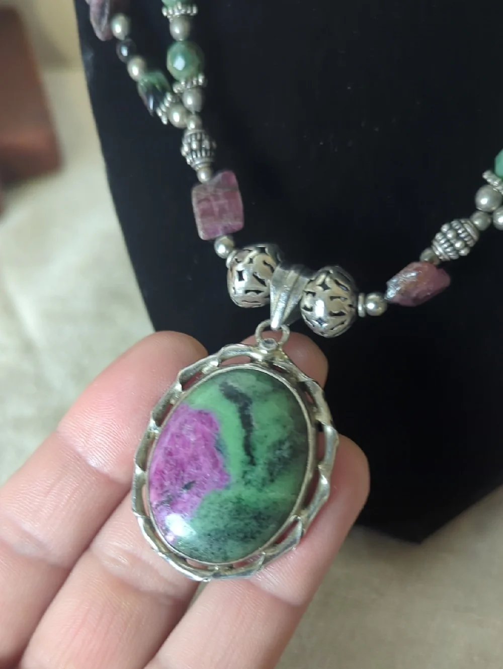 Sterling Silver Ruby Zoisite Statement Necklace, Artisan Gemstone Pendant